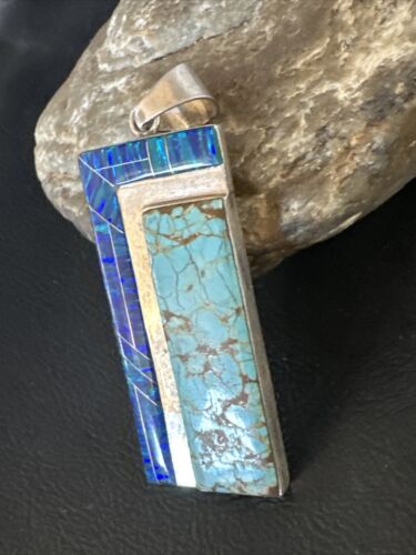 Men's Women's Blue #8 Turquoise Opal Inlay Pendant | Navajo Sterling Silver | 15198