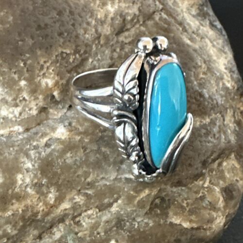 Navajo Leaf Blue Kingman Turquoise Ring | Sterling Silver | Sz 10.5 | Authentic Native American Handmade | 17136