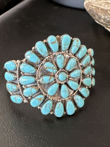 Navajo Blue Turquoise Cluster Cuff Bracelet | Sterling Silver | Old Pawn | Authentic Native American Handmade | 17220