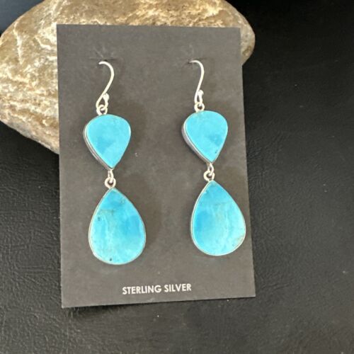 Navajo Blue Kingman Turquoise Dangle Earrings | Sterling Silver | Authentic Native American Handmade | 15108