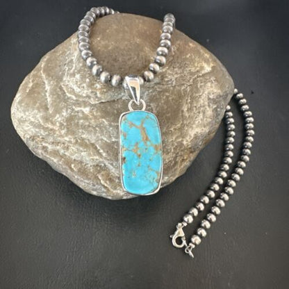 Navajo Blue Kingman Turquoise Pendant Necklace | Sterling Silver | 20" | Authentic Native American Handmade | 16700