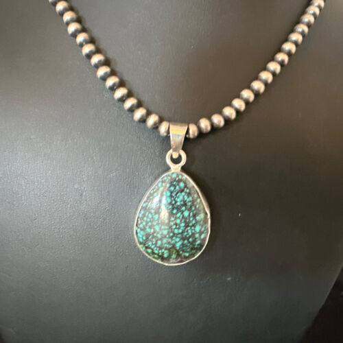 Men's Navajo Blue Spiderweb Turquoise Pendant Necklace | Sterling Silver | Authentic Native American Handmade | 16224