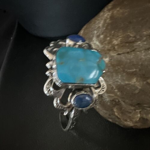 Kingman Turquoise Lapis Cuff Bracelet | Navajo Sterling Silver Tufa Cast | Authentic Native American Handmade | 16781
