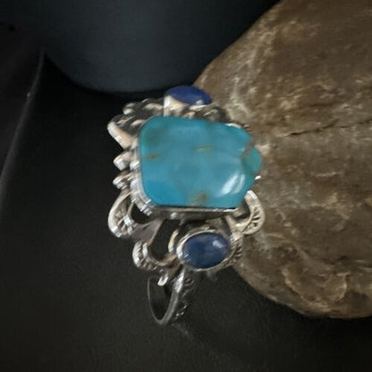 Kingman Turquoise Lapis Cuff Bracelet | Navajo Sterling Silver Tufa Cast | Authentic Native American Handmade | 16781