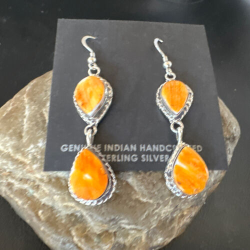 Navajo Orange Spiny Oyster Dangle Earrings | Sterling Silver | 1.5" | Authentic Native American Handmade | 16563