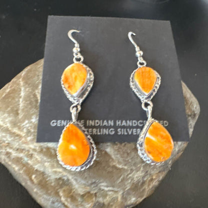 Navajo Orange Spiny Oyster Dangle Earrings | Sterling Silver | 1.5" | Authentic Native American Handmade | 16563