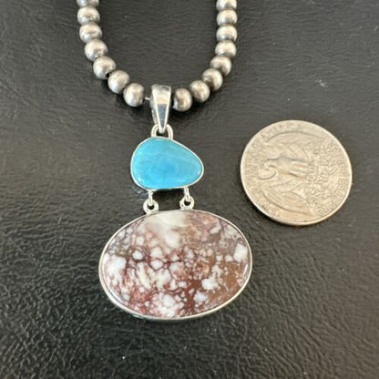 Navajo Wild Horse Blue Kingman Turquoise Necklace | Sterling Silver | Authentic Native American Handmade | 17340