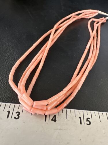 Pink Coral Tube Heishi Bead Necklace | 4 Strand Navajo Sterling Silver | 18" | 15279