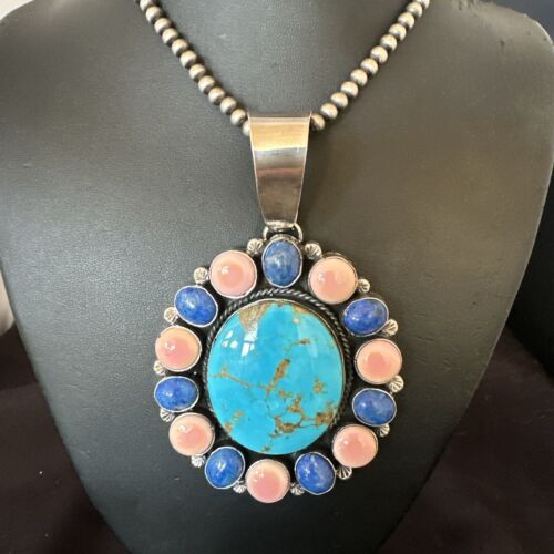 Navajo Multi-Stone Necklace | Lapis, Pink, Blue Turquoise | Sterling Silver | 17456