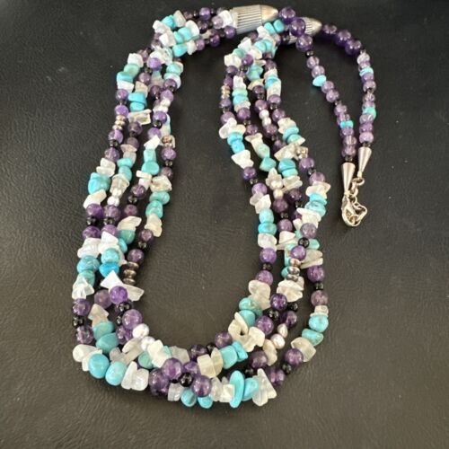 Purple Amethyst Blue Turquoise Necklace | Sterling Silver | Authentic Native American Handmade | 17506