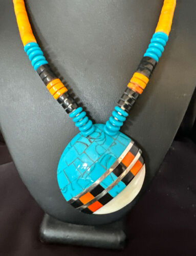Santo Domingo Shell Turquoise Spiny Inlay Necklace | Sterling Silver | 22" | Authentic Native American Handmade | 15321