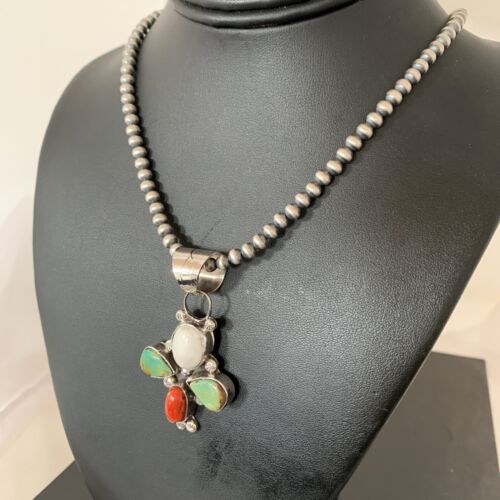 Navajo Turquoise & Coral Naja Pendant Necklace | Sterling Silver | Native American Handmade | 1477