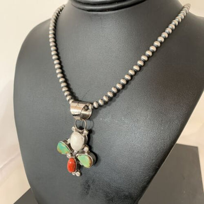 Navajo Turquoise & Coral Naja Pendant Necklace | Sterling Silver | Native American Handmade | 1477