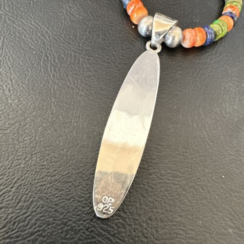 Navajo Lapis Spiny Oyster Turquoise Inlay Pendant Necklace | Sterling Silver | 21" | Authentic Native American Handmade | 16626