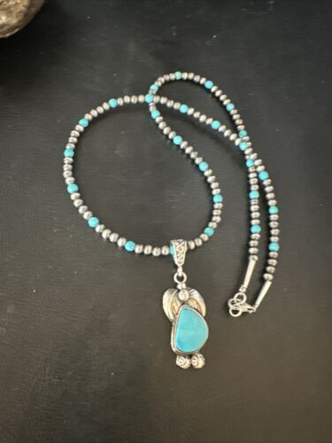 Navajo Pearls Kingman Turquoise Pendant Necklace | Sterling Silver | Authentic Native American Handmade | 14888
