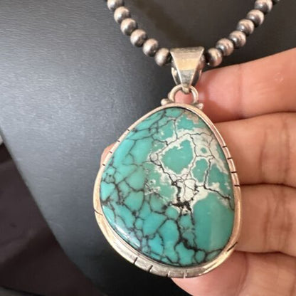 Men's Navajo Blue Spiderweb Turquoise Pendant Necklace | Sterling Silver | Authentic Native American Handmade | 16203
