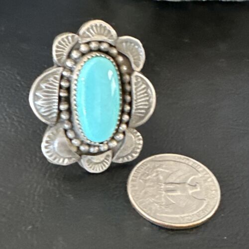 Navajo Blue Kingman Turquoise Ring | Sterling Silver | Sz 7.5 | Authentic Native American Handmade | 15891 - Masha USA
