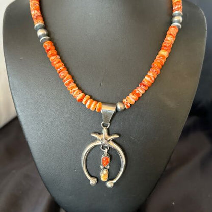 Navajo Red Spiny Oyster Naja Pendant Necklace | Sterling Silver | 23" | Authentic Native American Handmade | 17659