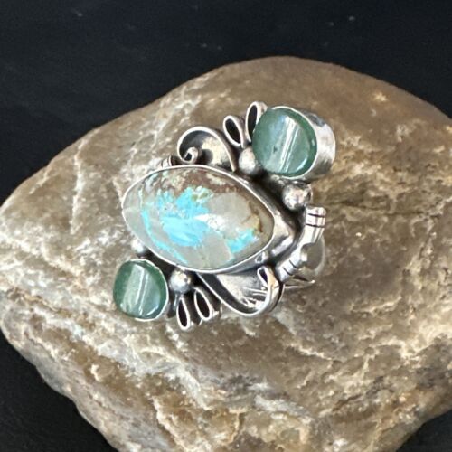 Navajo Green Turquoise Cluster Ring | Authentic Native American Sterling Silver | Multi-Stone | Sz 9 | 14843