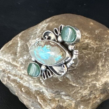 Navajo Green Turquoise Cluster Ring | Authentic Native American Sterling Silver | Multi-Stone | Sz 9 | 14843