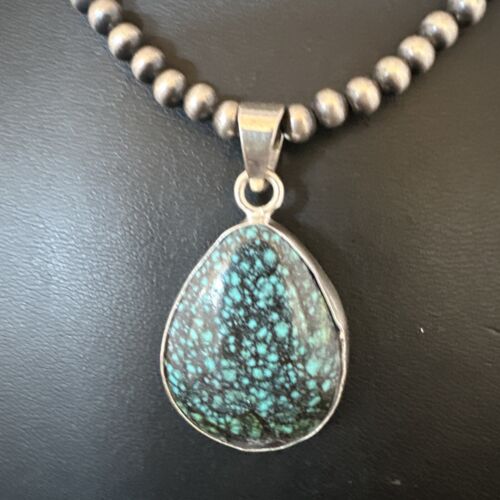 Men's Navajo Blue Spiderweb Turquoise Pendant Necklace | Sterling Silver | Authentic Native American Handmade | 16224