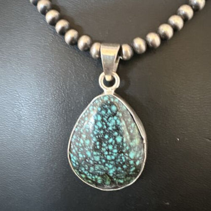 Men's Navajo Blue Spiderweb Turquoise Pendant Necklace | Sterling Silver | Authentic Native American Handmade | 16224
