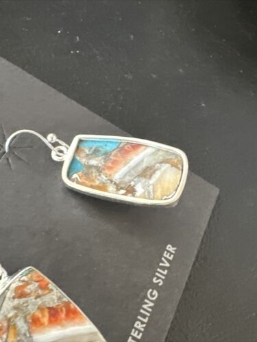 Navajo Blue Turquoise & Orange Spiny Oyster Inlay Dangle Earrings | Sterling Silver | 15582