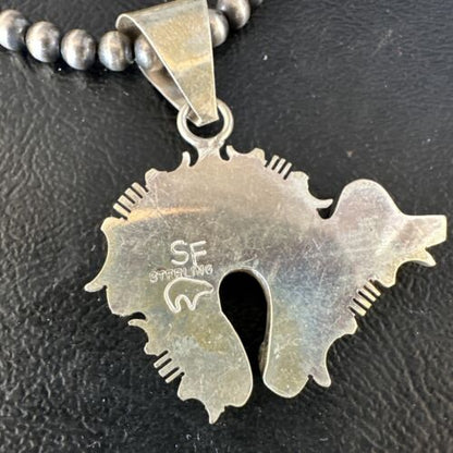 Navajo White Buffalo Turquoise Bear Inlay Pendant Necklace | Sterling Silver | Native American Handmade | 15247