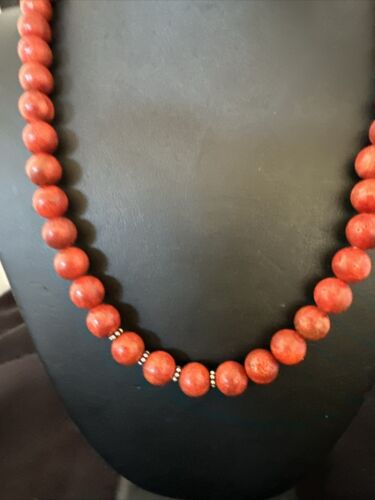 Navajo Apple Sponge Coral Bead Necklace | 10mm | Sterling Silver | 21" | Authentic Native American Handmade | 16817