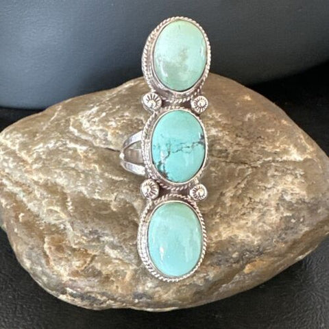 Women Blue Dry Creek Turquoise 3 Stone Navajo Sterling Silver Ring Size 10 16731