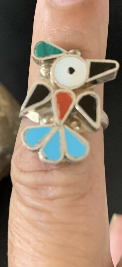 Zuni Peyote Bird Ring | Sterling Silver Coral Turquoise Onyx Mother of Pearl Inlay | Sz 6 | 10214