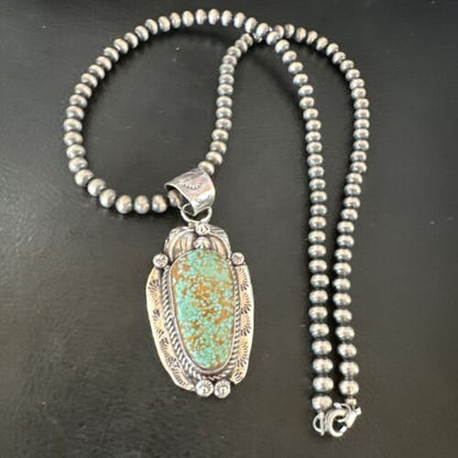 Navajo Blue Turquoise #8 Pendant | Sterling Silver Necklace with Pearls | Authentic Native American Handmade | 15904