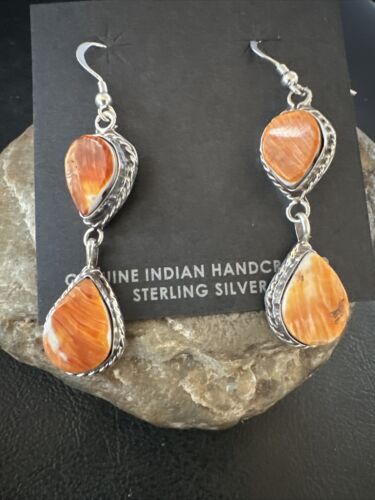 Navajo Orange Spiny Oyster Dangle Earrings | Sterling Silver | 1.5" | Authentic Native American Handmade | 16573
