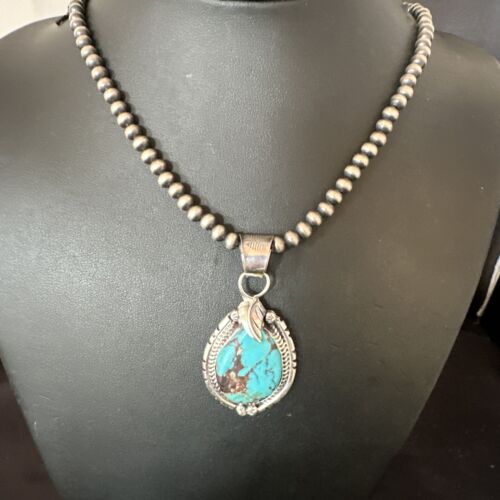Navajo Blue Kingman Turquoise Pendant Necklace | Sterling Silver | Native American Handmade | 16023