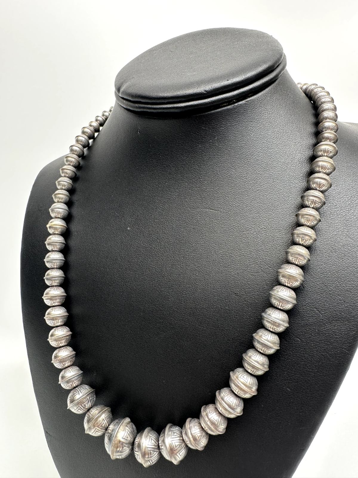 Hand Stamped Navajo Pearls Graduated Sterling Silver Necklace | 23" | Native American | 93323