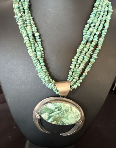 Navajo Green Turquoise Chrysoprase Naja Pendant Necklace | Sterling Silver | Authentic Native American Handmade | 16064