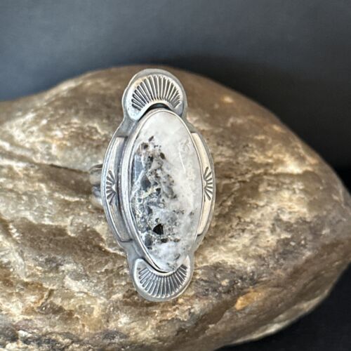 Navajo White Buffalo Turquoise Ring | Sterling Silver | Sz 8 | Authentic Native American Handmade | 14555