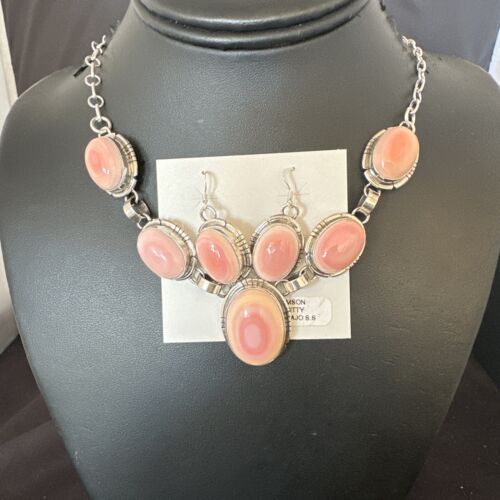 Pink Conch Choker Necklace Navajo Sterling Silver Pendant 18” Earrings 16126