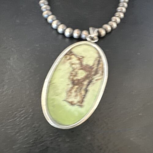 Navajo Green Gaspeite Pendant Necklace | Sterling Silver | Authentic Native American Handmade | 15483
