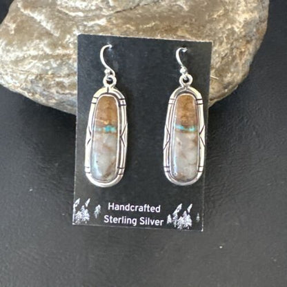 Navajo Blue Boulder Turquoise Dangle Earrings | Sterling Silver | Authentic Native American Handmade | 16502