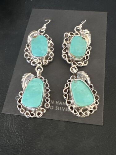 Navajo Blue Kingman Turquoise Dangle Earrings | Sterling Silver | Authentic Native American Handmade | 15188