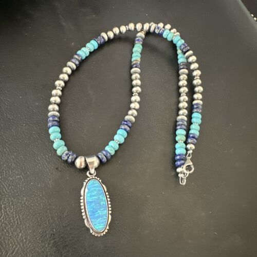 Navajo Opal Inlay Pendant with Turquoise Lapis Pearls | Sterling Silver Necklace | Authentic Native American Handmade | 16846