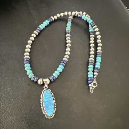 Navajo Opal Inlay Pendant with Turquoise Lapis Pearls | Sterling Silver Necklace | Authentic Native American Handmade | 16846