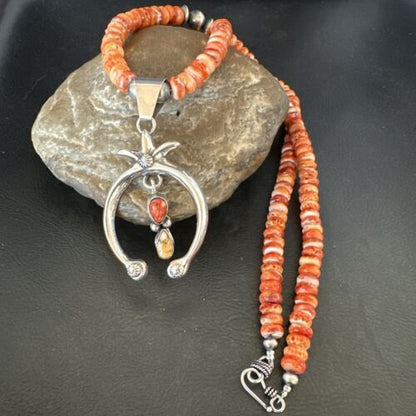 Navajo Red Spiny Oyster Naja Pendant Necklace | Sterling Silver | 23" | Authentic Native American Handmade | 17659