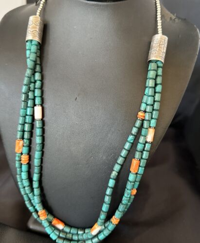 Navajo Blue Turquoise Spiny Oyster Necklace | Sterling Silver | Authentic Native American Handmade | 17535