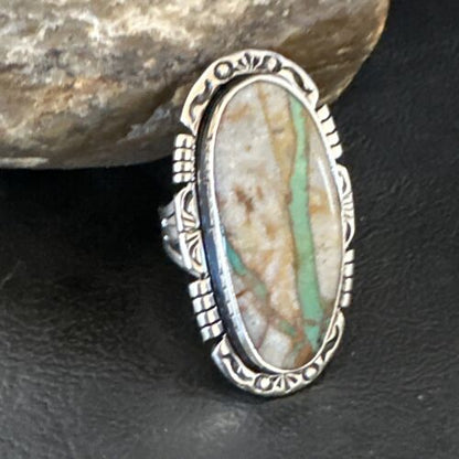Navajo Ribbon Boulder Green Turquoise Ring | Sterling Silver | Sz 9 | Authentic Native American Handmade | 16252