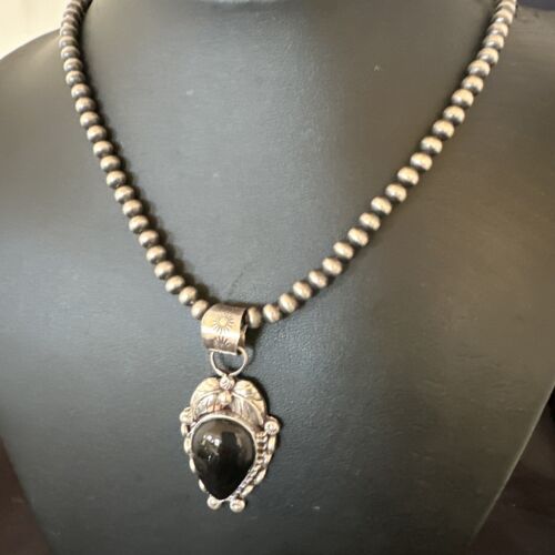 Navajo Pearls Black Onyx Necklace Pendant | Sterling Silver | Authentic Native American Handmade | 16528