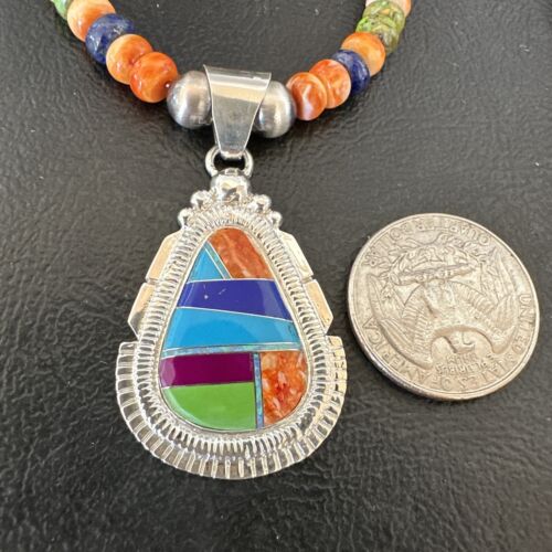Navajo Spiny Oyster Turquoise Lapis Inlay Pendant Necklace | Sterling Silver | 21" | Authentic Native American Handmade | 16627