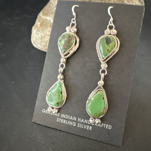 Navajo Green Royston Turquoise Dangle Earrings | Sterling Silver | Authentic Native American Handmade | 17139
