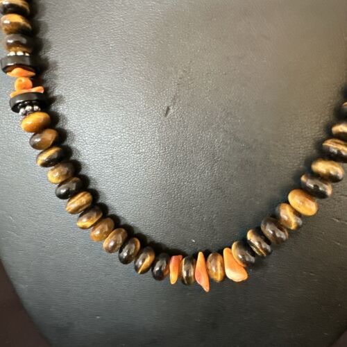 Navajo Tigers Eye Coral Necklace | Sterling Silver | 18" | Authentic Native American Handmade | 13312